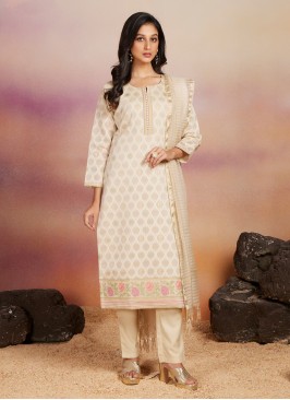 Beige Pant Style Suit With Silk Dupatta