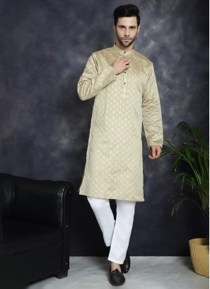 Beige Readymade Cotton Silk Kurta Pajama
