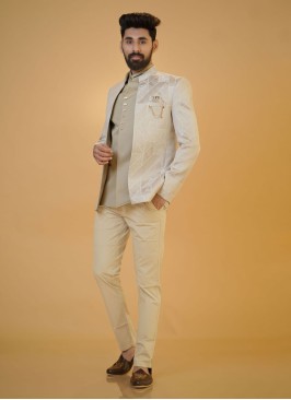 Beige Wedding Wear Jacket Style Jodhpuri Suit