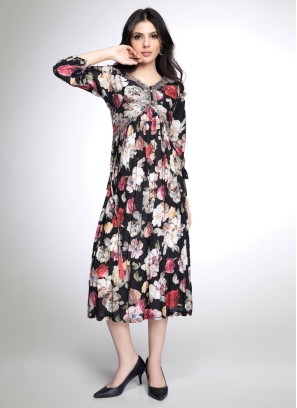 Black A-Line Kurti With Floral Printed Detail