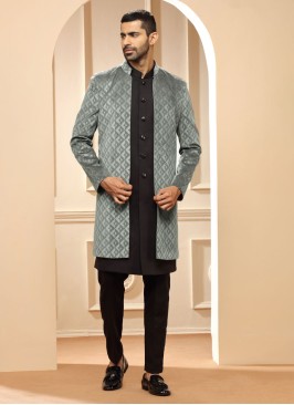 Black And Grey Thread Embroidered Indowestern Set for Groom