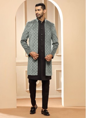 Black And Grey Thread Embroidered Indowestern Set for Groom