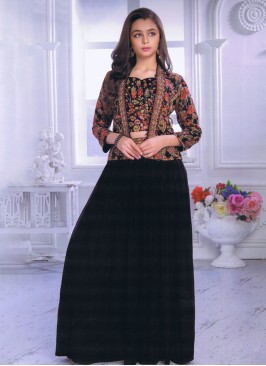 Black Chiffon Crop Top And Palazzo Set With Thread Embroidery