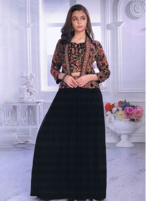 Black Chiffon Crop Top And Palazzo Set With Thread Embroidery