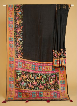 Black Classic Pashmina Silk Saree With Embroidery