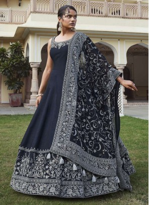 Black Raw Silk Designer A-Line Anarkali Suit