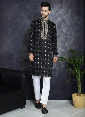 Black Cotton Silk Kurta Pajama With Thread Embroidery
