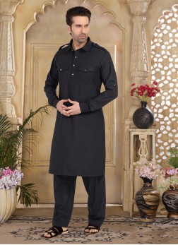 Black Cotton Silk Pathani Kurta Set