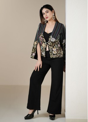 Black Crop Top And Pant Set With Embroidered Jacket