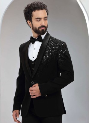 Black Embroidered Imported Fabric Tuxedo Suit