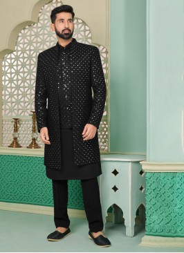 Black Embroidered Indowestern Set In Silk