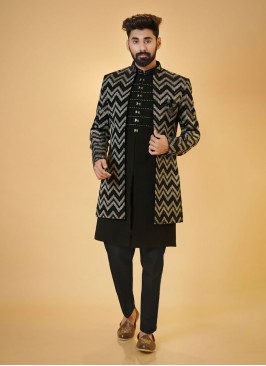 Black Embroidered Jacket Style Indowestern Set For Men