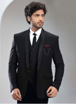 Black Embroidered Tuxedo Set In Imported Fabric
