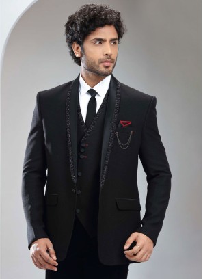 Black Embroidered Tuxedo Set In Imported Fabric