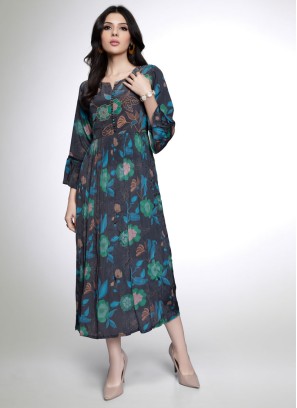 Black Floral Printed A-Line Kurti