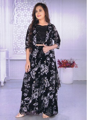 Black Floral Printed Chiffon Palazzo Set With Jacket