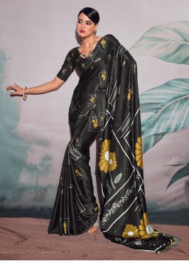 Black Floral Printed Contemporary Satin Saree