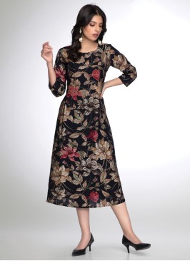 Black Floral Printed Muslin Silk A-Line Kurti