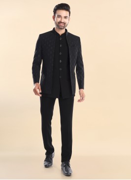Black Imported Fabric Jodhpuri Set With Embroidered Jacket
