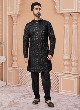 Black Indowestern Set In Silk With Sequins Embroidery