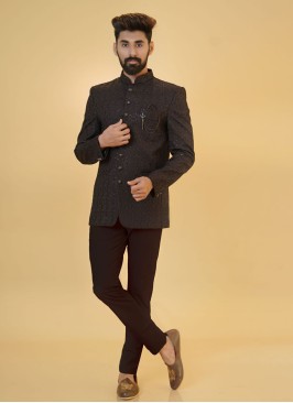 Black And Wine Jacket Style Jodhpuri Suit For Men