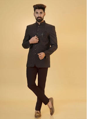 Black Jacket Style Jodhpuri Suit For Men