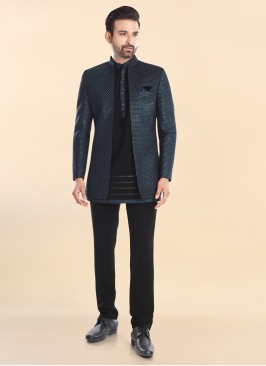 Black Jacquard Jodhpuri Set With Thread Embroidered Jacket