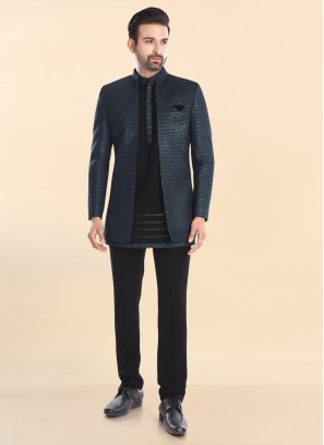 Black Jacquard Jodhpuri Set With Thread Embroidered Jacket