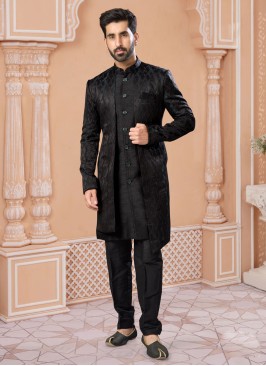 Black Jacquard Silk Indowestern Set With Embroidered Detail