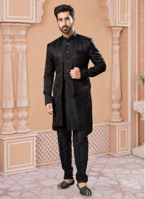 Black Jacquard Silk Indowestern Set With Embroidered Detail