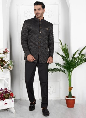 Black Jacquard Silk Jodhpuri Suit