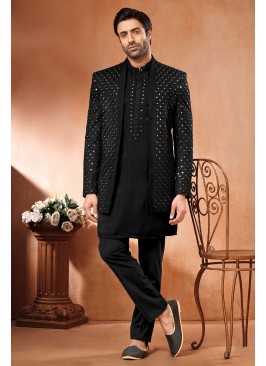 Black Mirror Embroidered Indowestern Set For Wedding