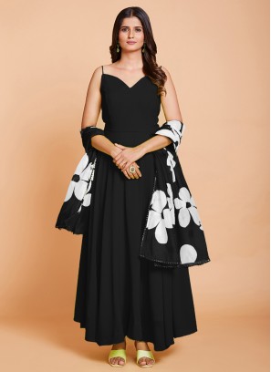 Black Anarkali In Georgette With Floral Printed Dupatta