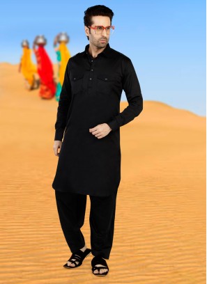 Black Pathani Kurta Set In Slub Cotton