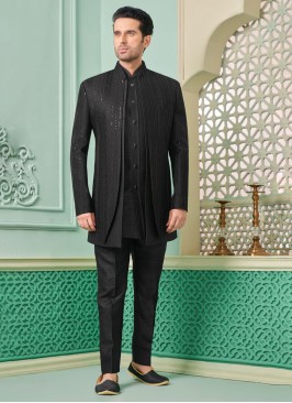 Black Sequins Embellished Indowestern In Silk Fabric