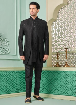 Black Sequins Embellished Indowestern In Silk Fabric