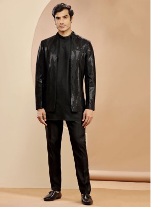 Black Sequins Embroidered Indowestern Set for Groom