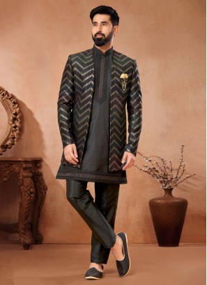 Black Sequins Embroidered Jacket Style Indowestern Set