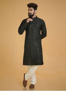 Black Silk Kurta Pajama For Men