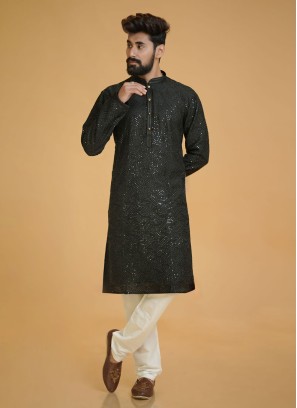 Black Silk Kurta Pajama For Men