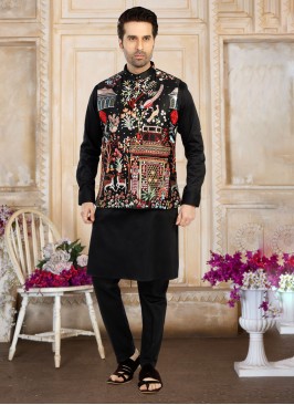 Black Thread Embroidered Nehru Jacket Set