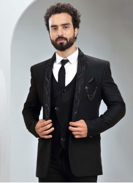 Black Tuxedo Suit With Intricate Embroidered Shawl Collar