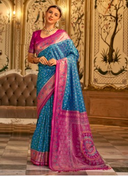 Blue And Pink Banarasi Silk Patola Printed Saree