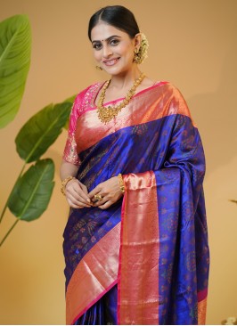 Blue And Pink Kanjivaram Silk Festive Saree