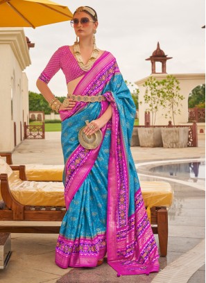 Blue And Pink Patola Printed Silk Saree