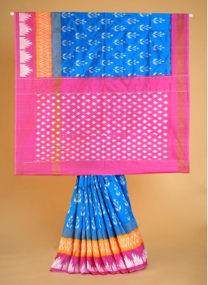 Blue And Pink Pure Silk Patola Festive Saree