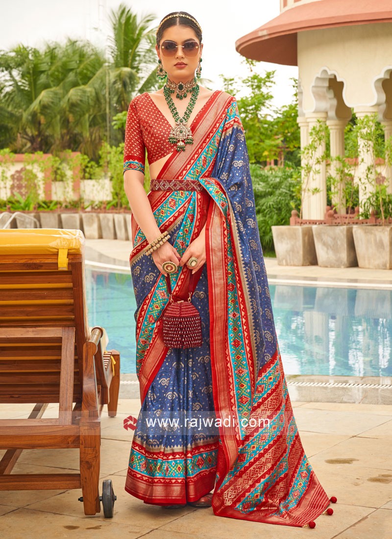 Pure Paithani Silk Blue Handloom Saree With Contrast Blouse Online – Sunasa