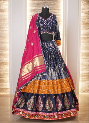 Blue Cotton Embroidered Chaniya Choli With Dupatta