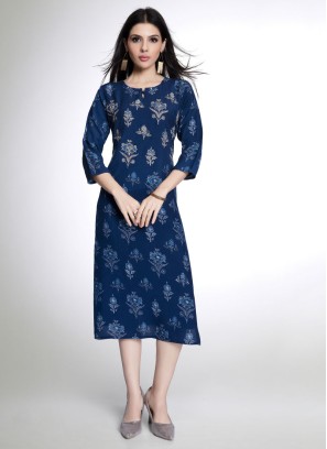 Blue Fancy Printed Readymade Kurti For Women