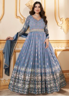 Light Blue Georgette Foil Print Designer Anarkali Suit